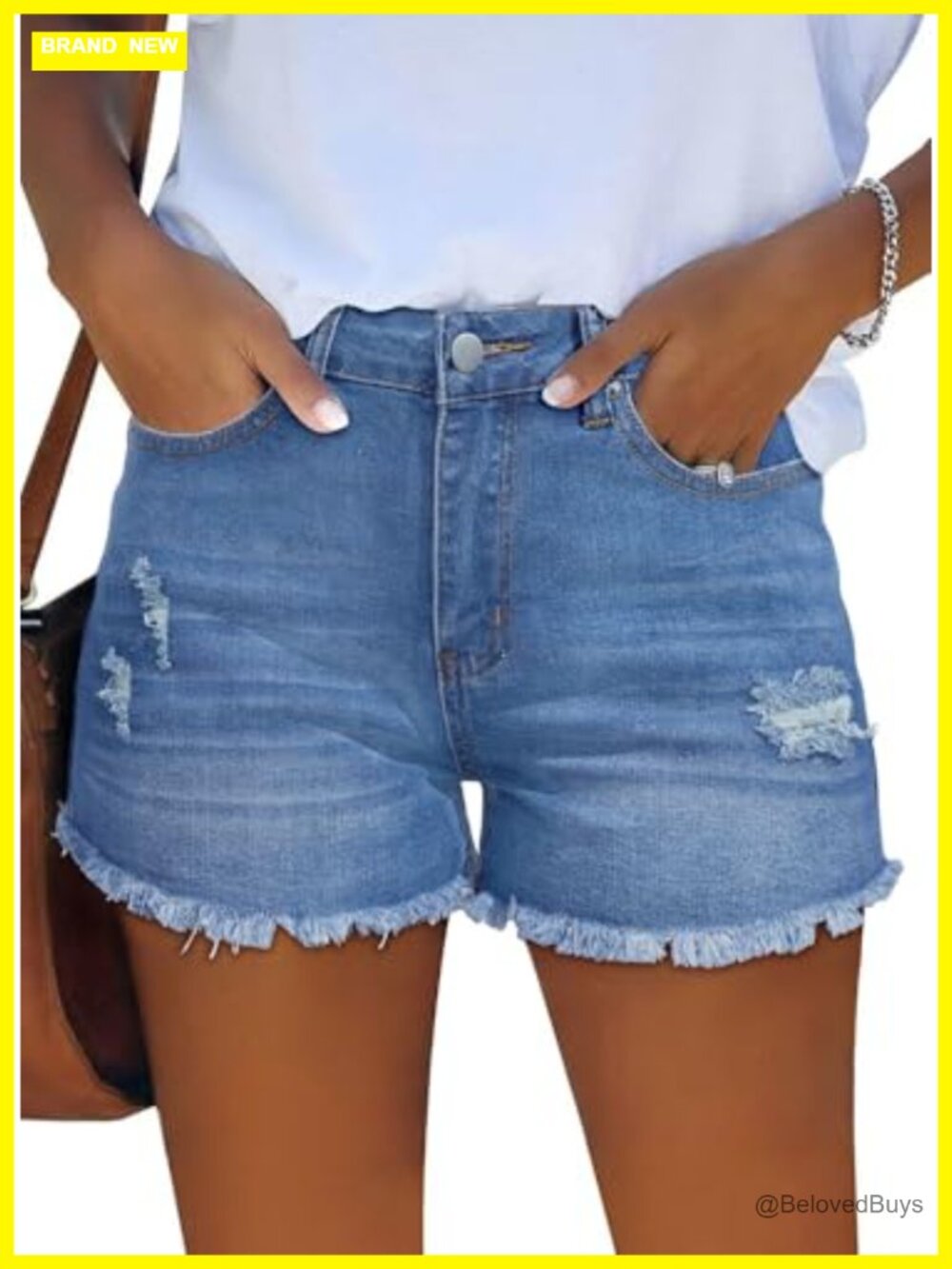 Mid-High Waisted Stretchy Denim Shorts Distressed Ripped Jean Shorts Casual